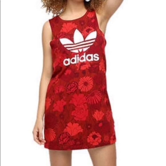 Adidas Original Trefoil Red Floral T-shirt Tank Dress Small - Picture 2 of 6